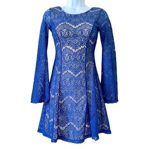 Xhiliration Navy Blue Long Sleeve Lace Dress